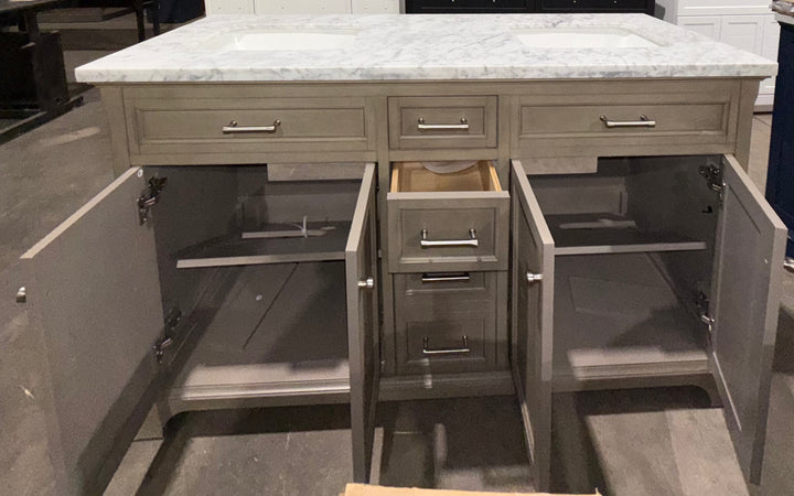 allen + roth Roveland 60-in Smokewood Undermount Double Sink Bathroom Vanity with Natural Carrara Natural Marble Top (Open Box)