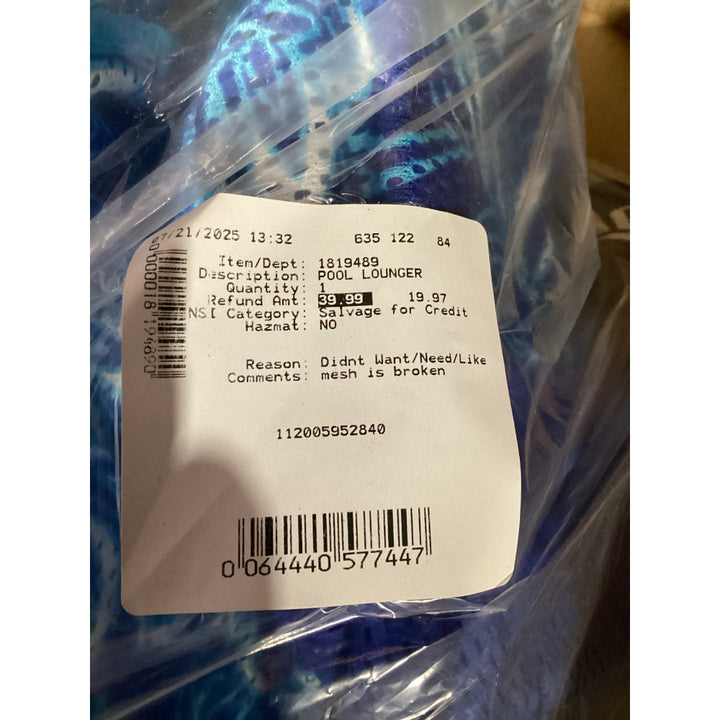 Lot # 1017 Blue Abstract Pool Lounger Pool Accessory $20