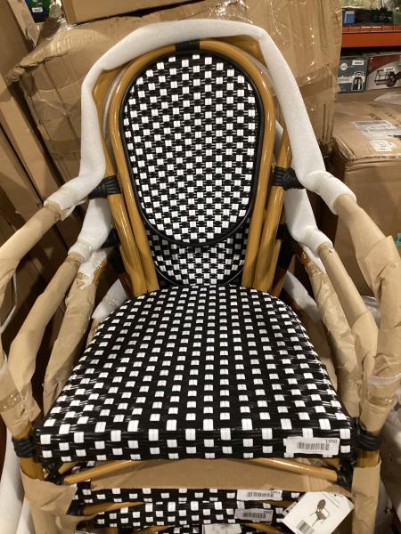 Lot # 1950 Flash Furniture Lourdes Indoor/Outdoor Commercial Thonet Bistro Stack Chair - Curved Arms - Black/White PE Rattan Back and Seat - Bamboo Print Metal Frame