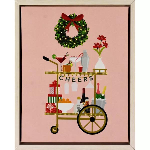 Lot # 659 Chic Christmas Cocktail Cart LED Accented Framed Wall Art, Multicolor