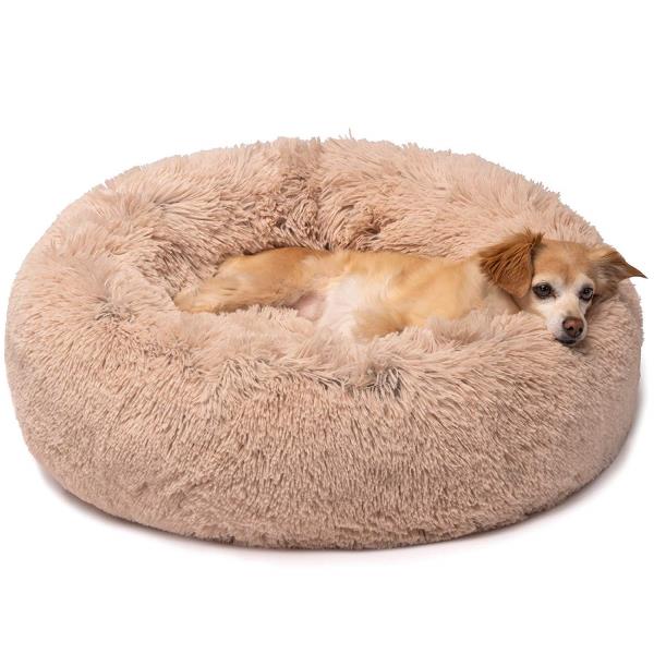 Lot # 1569 Friends Forever Donut Dog Bed Faux Fur Fluffy Calming Sofa For Small Dogs, Soft & Plush Anti Anxiety Pet Couch For Dogs, Machine Washable Coco Pet Bed with Non-Slip Bottom, 23"x23"x6" Tan