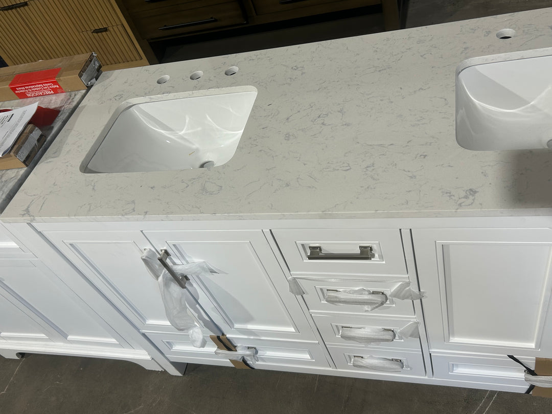 allen + roth Crest Hill 60-in White Undermount Double Sink Bathroom Vanity with Engineered Carrara Engineered Marble Top (open box)