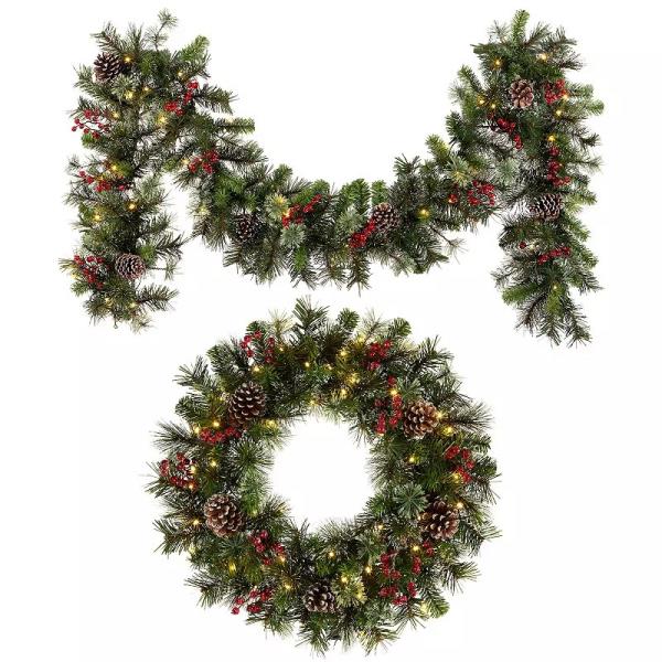 Lot # 2048 National Tree Company Artificial Iced Berry Pine Wreath & Garland Set, None