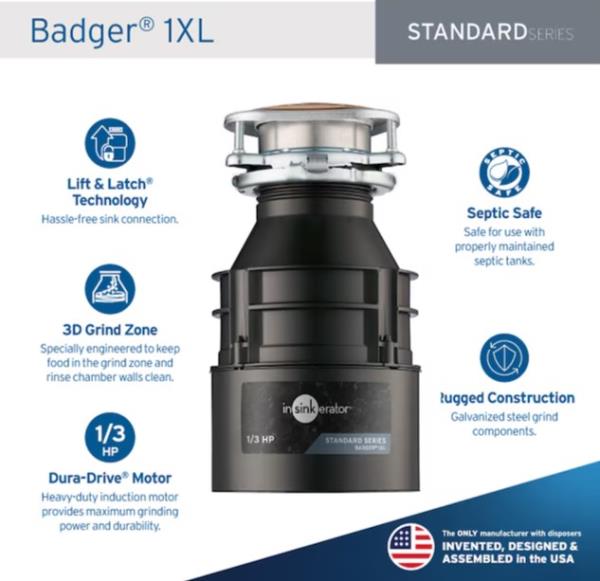 InSinkErator Badger 1XL Garbage Disposal 1/3 HP (open box)