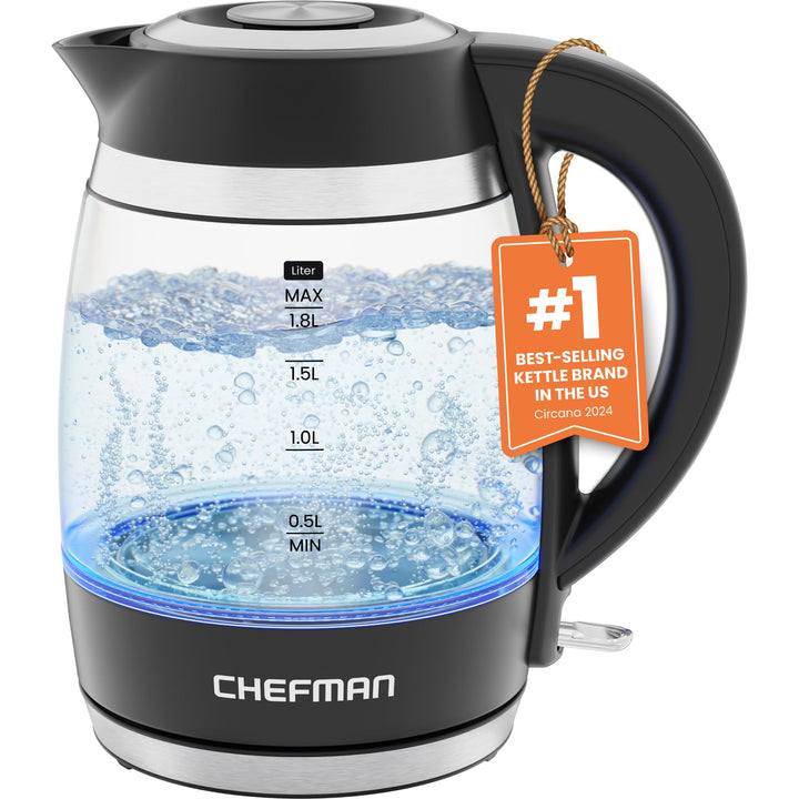 Lot # 1255 Chefman Electric Kettle, 1.8L 1500W, Hot Water Boiler, Removable Lid for Easy Cleaning, Auto Shut Off, Boil-Dry Protection, Stainless Steel Filter, BPA Free, Borosilicate Glass Electric Tea Kettle