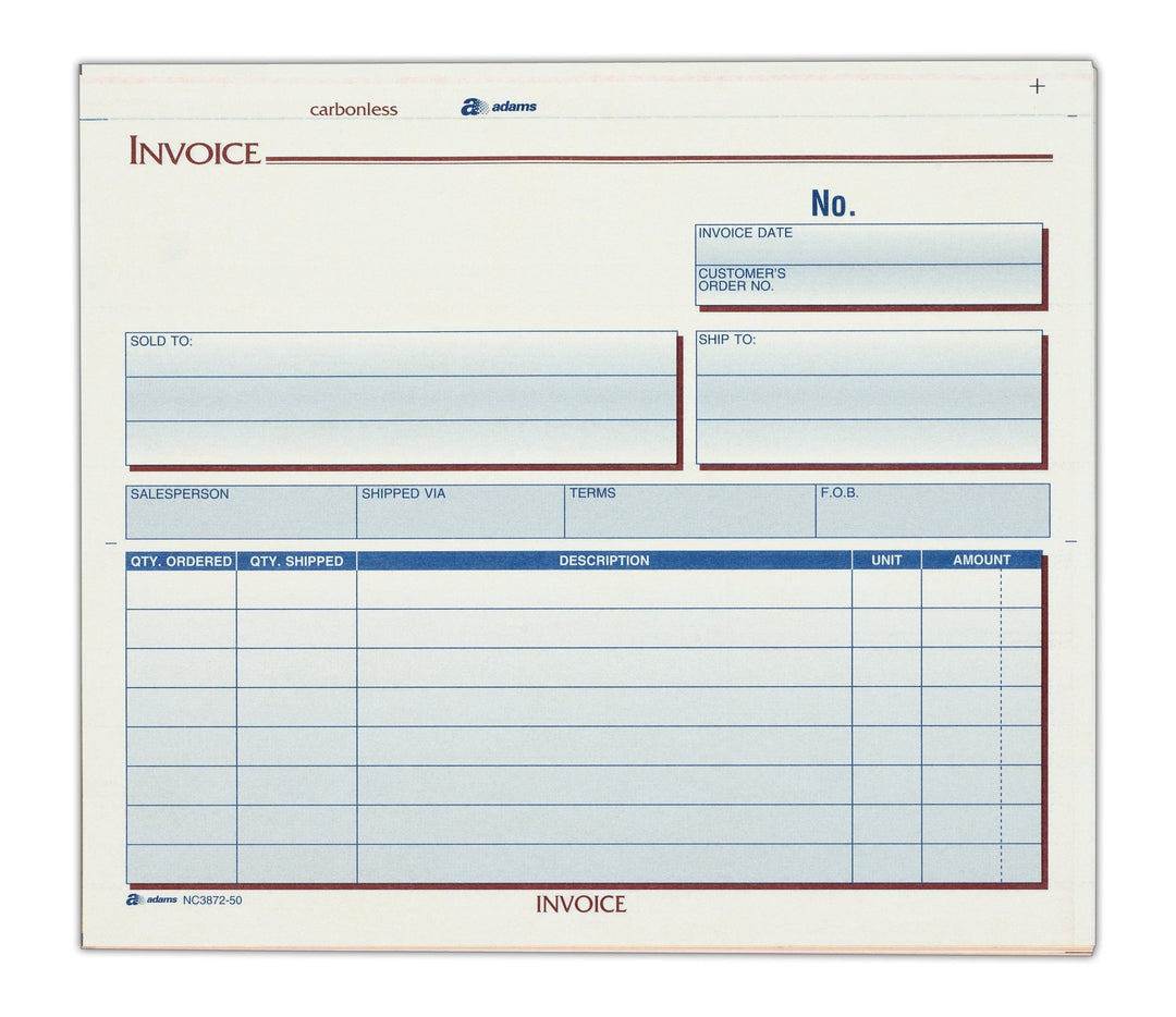 Lot # 1486 Adams Invoice Unit Sets, 7.44 x 8.5 Inch, 3-Part, Carbonless, White/Canary/Pink, 50 Sets per Pack (NC3872-50)