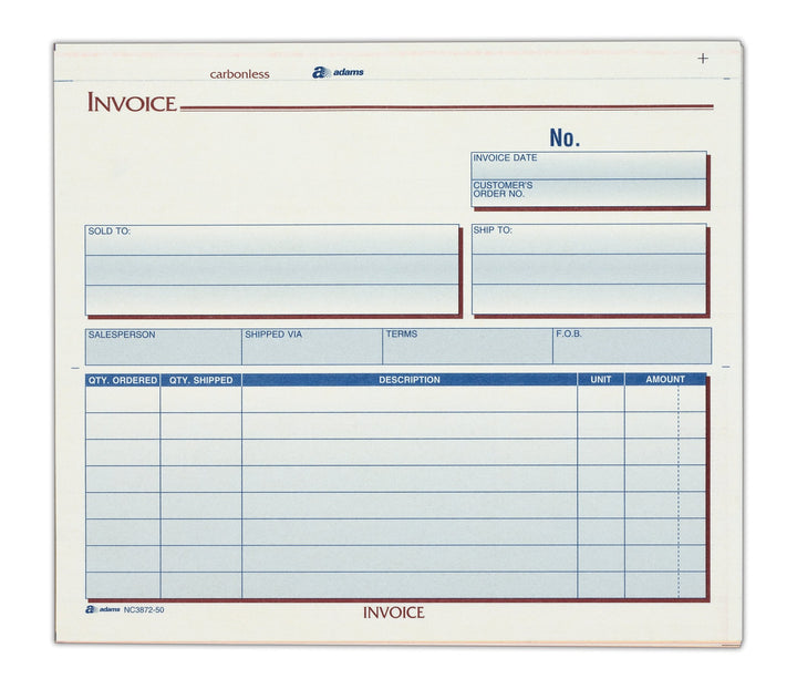 Lot # 1486 Adams Invoice Unit Sets, 7.44 x 8.5 Inch, 3-Part, Carbonless, White/Canary/Pink, 50 Sets per Pack (NC3872-50)