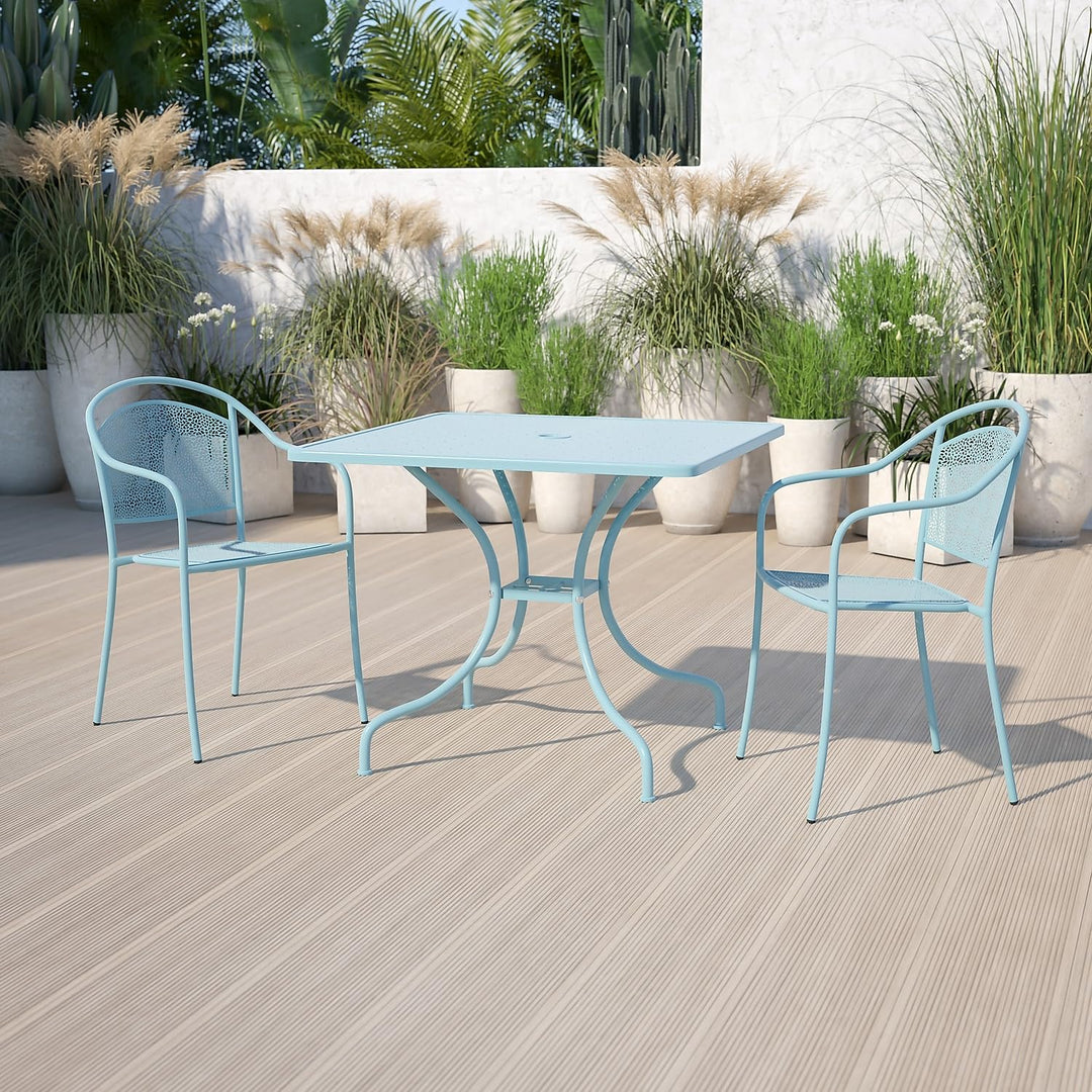Lot # 1526 Flash Furniture Oia Commercial Grade 35.5" Square Sky Blue Indoor-Outdoor Steel Patio Table with Umbrella Hole