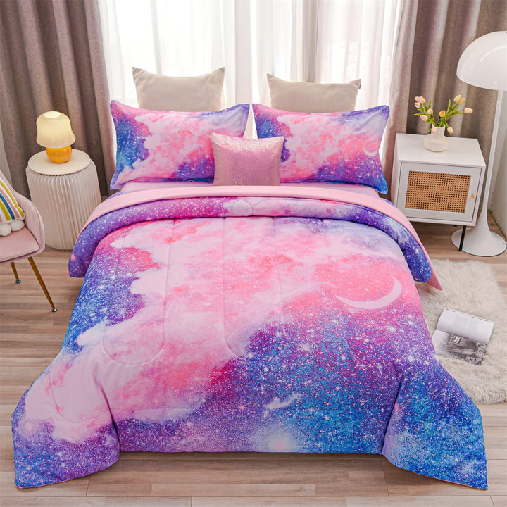Lot # 1978 A Nice Night Galaxy Bedding Sets Outer Space Comforter 3D Printed Space Quilt Set Twin 6Pcs Glitter Pinkfor Children Boy Girl Teen Kids $4589