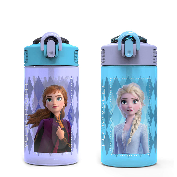 Lot # 1489 Zak Designs Disney Frozen 2 Kids Water Bottle Set with Reusable Straws and Built in Carrying Loops, Made of Plastic, Leak-Proof Designs 16 oz, BPA-Free, 2pc Set, Elsa & Anna (Frozen 2)