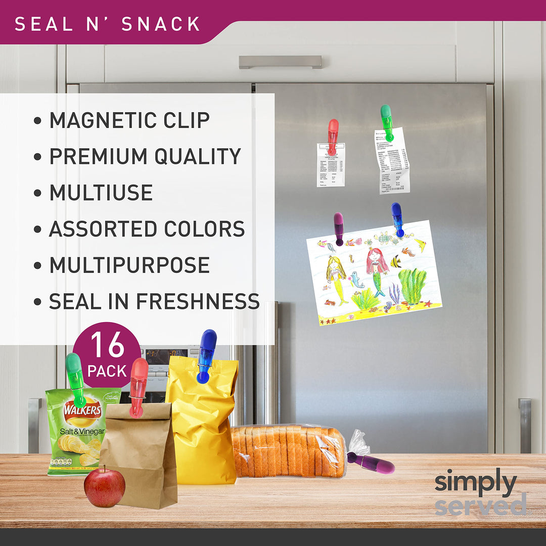 Lot # 1237 Simply Served Seal N Snack Magnetic Chip Clips, Multi-Purpose Bag Grips for Kitchen Storage, Keep Pantry Foods Fresh, Assorted Neutral Colors, 16 Count