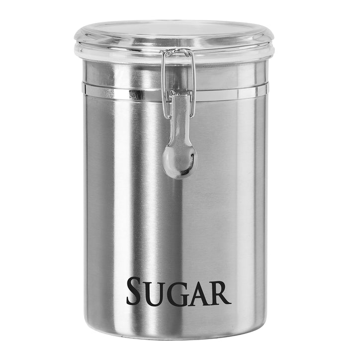 Lot # 1492 Oggi Stainless Steel Sugar Canister 62 fl oz - Airtight Clamp Lid, Clear See-Thru Top - Ideal Sugar Container for Countertop, Sugar Jar, Bulk Sugar Storage. Large Size 5" x 7.5".