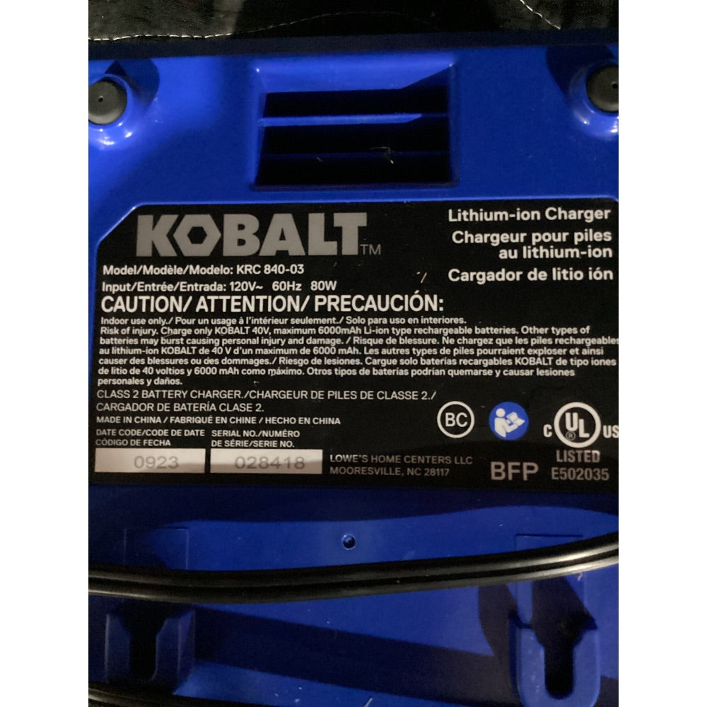 Lot # 1045 KOBALT Lithium-ion Charger KRC 840-03, 40V MAX Compatible, 120V Input, Blue