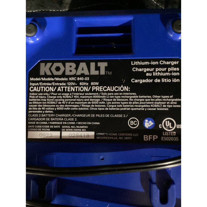 Lot # 1045 KOBALT Lithium-ion Charger KRC 840-03, 40V MAX Compatible, 120V Input, Blue
