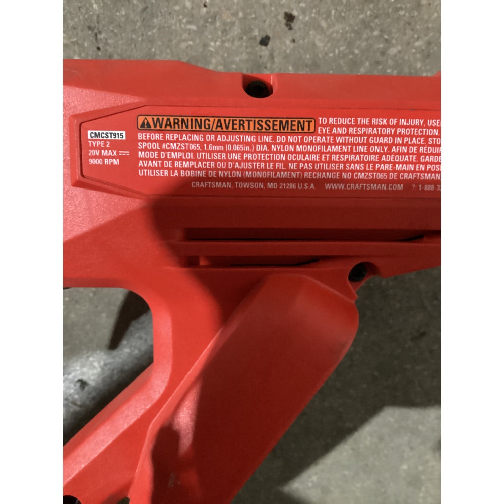 Lot # 1290 CRAFTSMAN String Trimmer CMCST915 - 20V MAX, 9000 RPM, Cordless, Red and Black