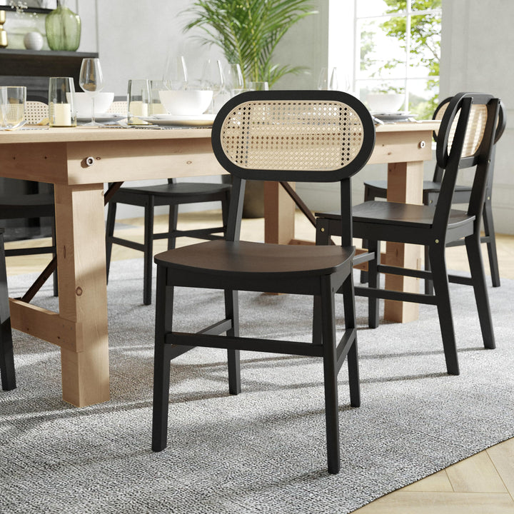Lot # 1581 Flash Furniture Jacob Cane Rattan Dining Chairs, Solid Wood Frame & Seat, Oval Breathable Backrest, Commercial Grade, Pack of 2, Natural/Black