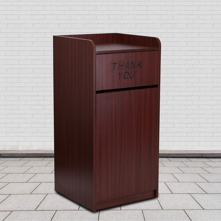 Lot # 1565 Flash Furniture Sony Laminate Wood Commercial-Grade Trash Receptacle with Tray Top, Wooden Restaurant Trash Can Garbage Receptacle, Mahogany