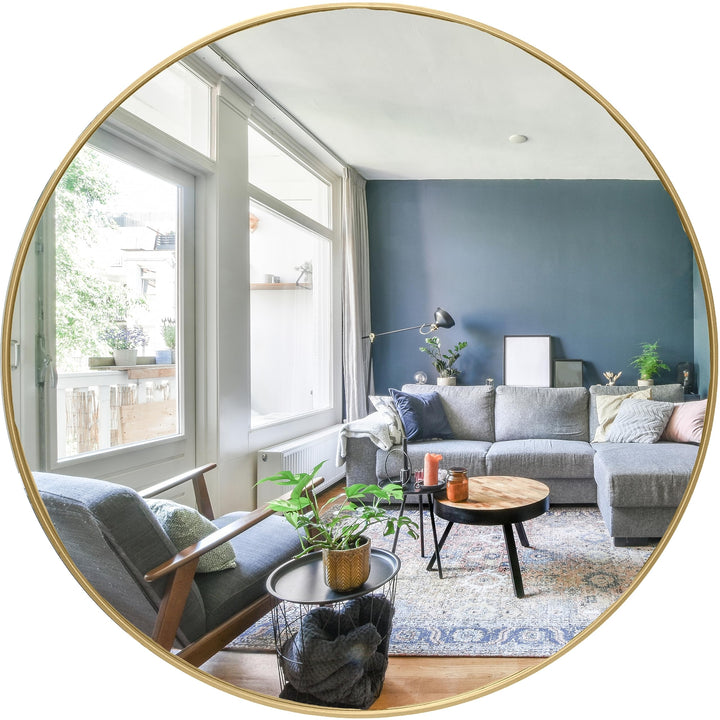 Lot # 1535 HBCY Creations Small Round Mirror, Gold Metal 20 inch Wall Mirror for Bathroom, Entry, Dining Room, Living Room, and More, Modern Minimalist Mirror for Both Rustic and Boho Design and Decor