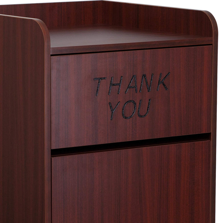 Lot # 1565 Flash Furniture Sony Laminate Wood Commercial-Grade Trash Receptacle with Tray Top, Wooden Restaurant Trash Can Garbage Receptacle, Mahogany