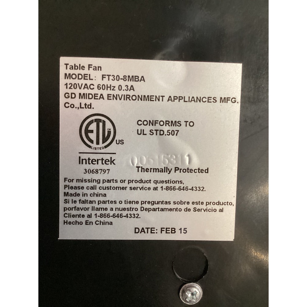 Lot # 1049 Midea Table Fan FT30-8MBA, Oscillating, 3-Speed, Thermally Protected, Black