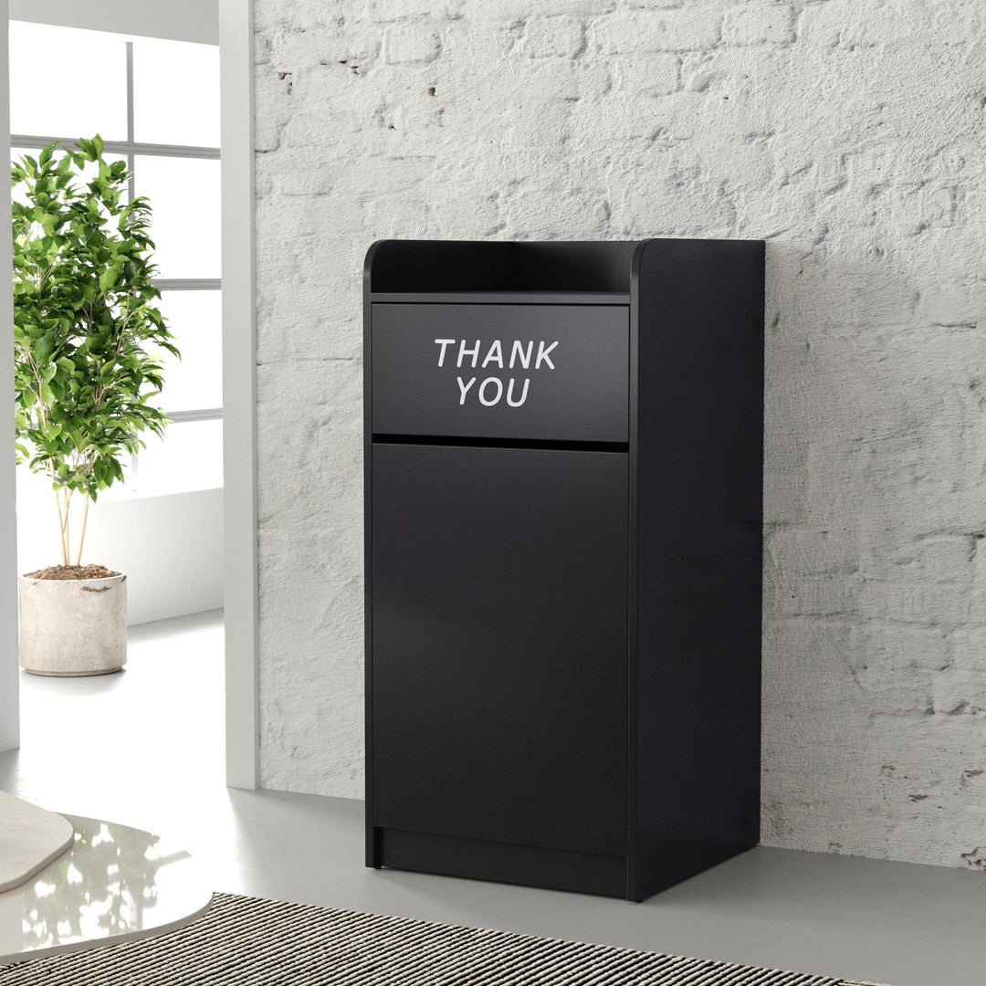 Lot # 1564 Flash Furniture Sony Laminate Wood Commercial-Grade Trash Receptacle with Tray Top, Wooden Restaurant Trash Can Cabinet and Garbage Receptacle, Black