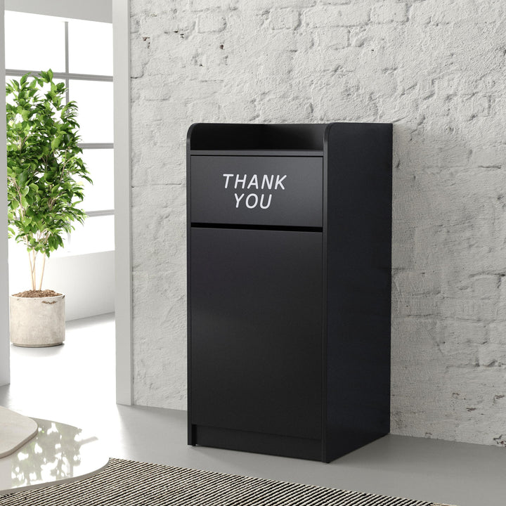 Lot # 1564 Flash Furniture Sony Laminate Wood Commercial-Grade Trash Receptacle with Tray Top, Wooden Restaurant Trash Can Cabinet and Garbage Receptacle, Black