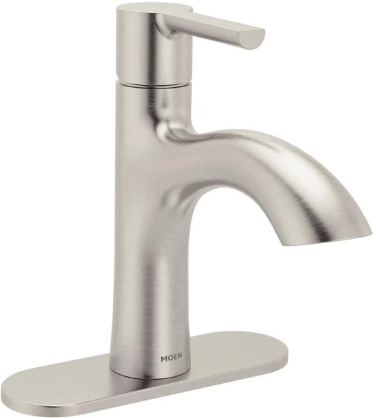 Lot # 112 Moen Idris One-Handle Bathroom Faucet – Modern Deck Mount with Push-Down Drain – Optional 3-Hole Deckplate – 1.2 GPM (Brushed Nickel)