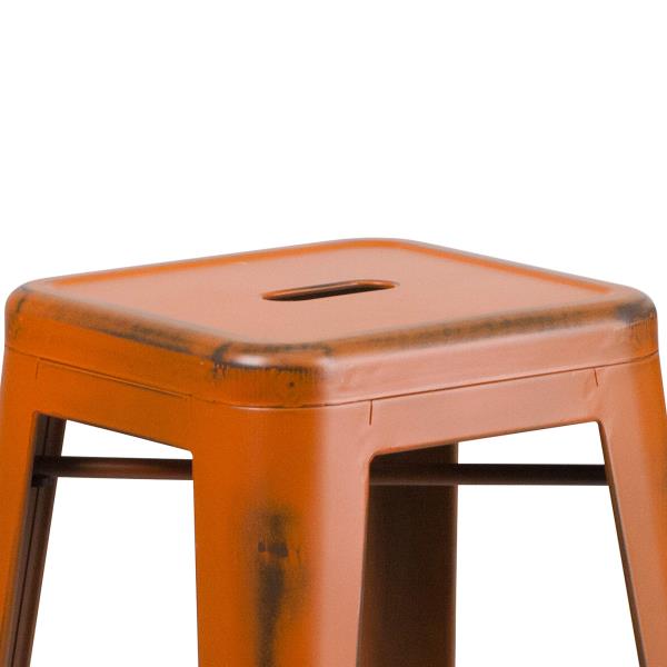 Lot # 2262 Flash Furniture Kai Commercial Grade 30" High Backless Distressed Orange Metal Indoor-Outdoor Barstool