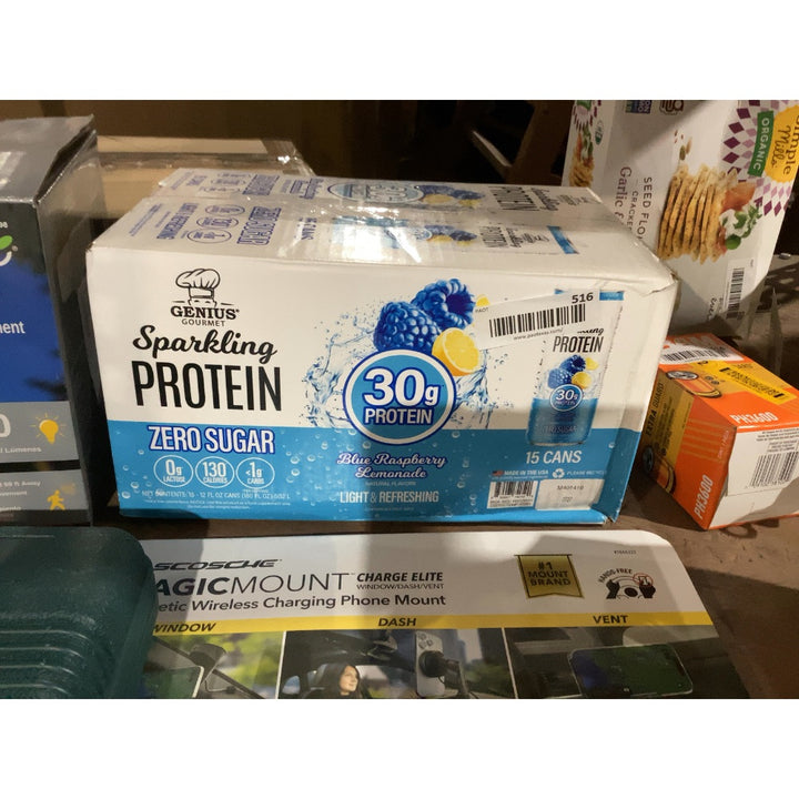 Lot # 516 GENIUS GOURMET Sparkling PROTEIN Blue Raspberry Lemonade - 30g Protein, Zero Sugar, 15 Cans