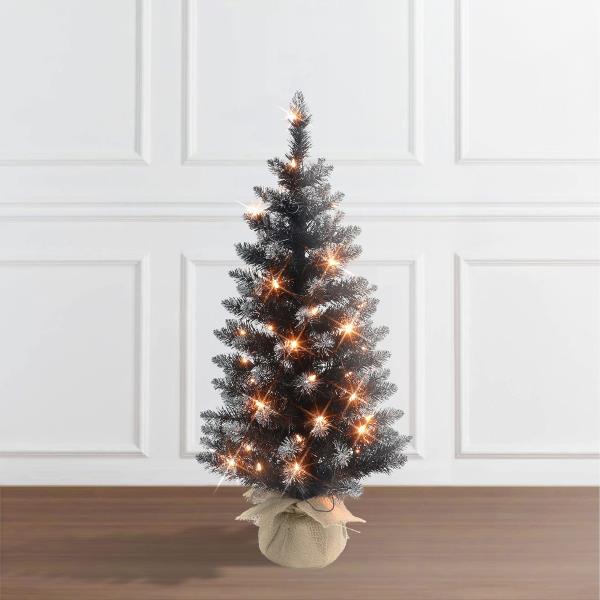 Lot # 1582 3 ft Pre-lit Black Tree, 97 Tips, 50 UL Clear Incandescent Lights, Burlap Base