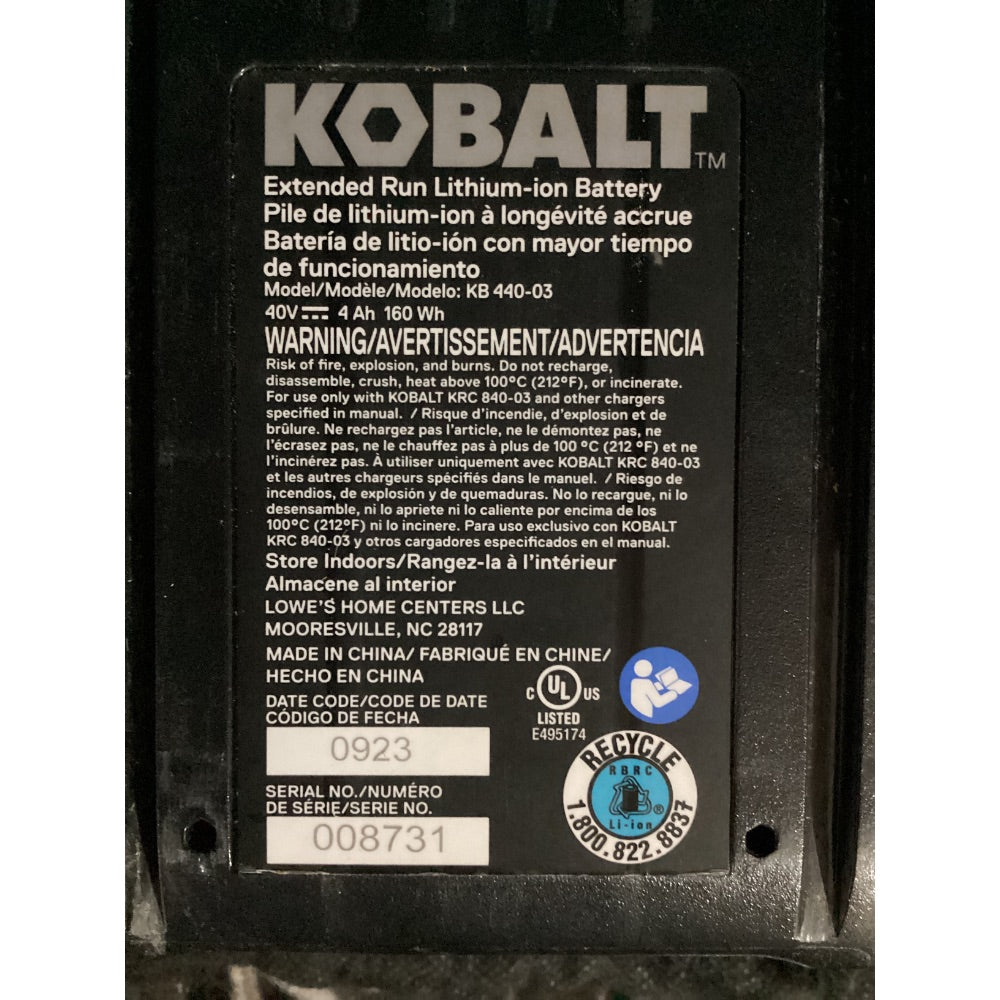 Lot # 1046 KOBALT Extended Run Lithium-Ion Battery KB 440-03, 40V MAX, 4.0Ah, 160 Wh, Black and Blue