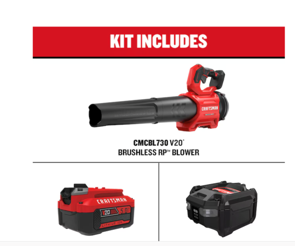 Soplador de hojas portátil a batería CRAFTSMAN V20 Brushless RP de 20 voltios, máx. 410 CFM, 110 MPH, 5 Ah (batería y cargador incluidos)