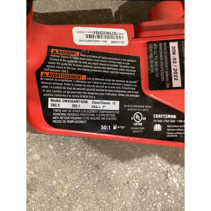 Lot # 1276 CRAFTSMAN CMXGSAMY42NB Chainsaw - 18-inch Bar, 50:1 Fuel Mixture, UL Listed, Red and Black, undefined Application
