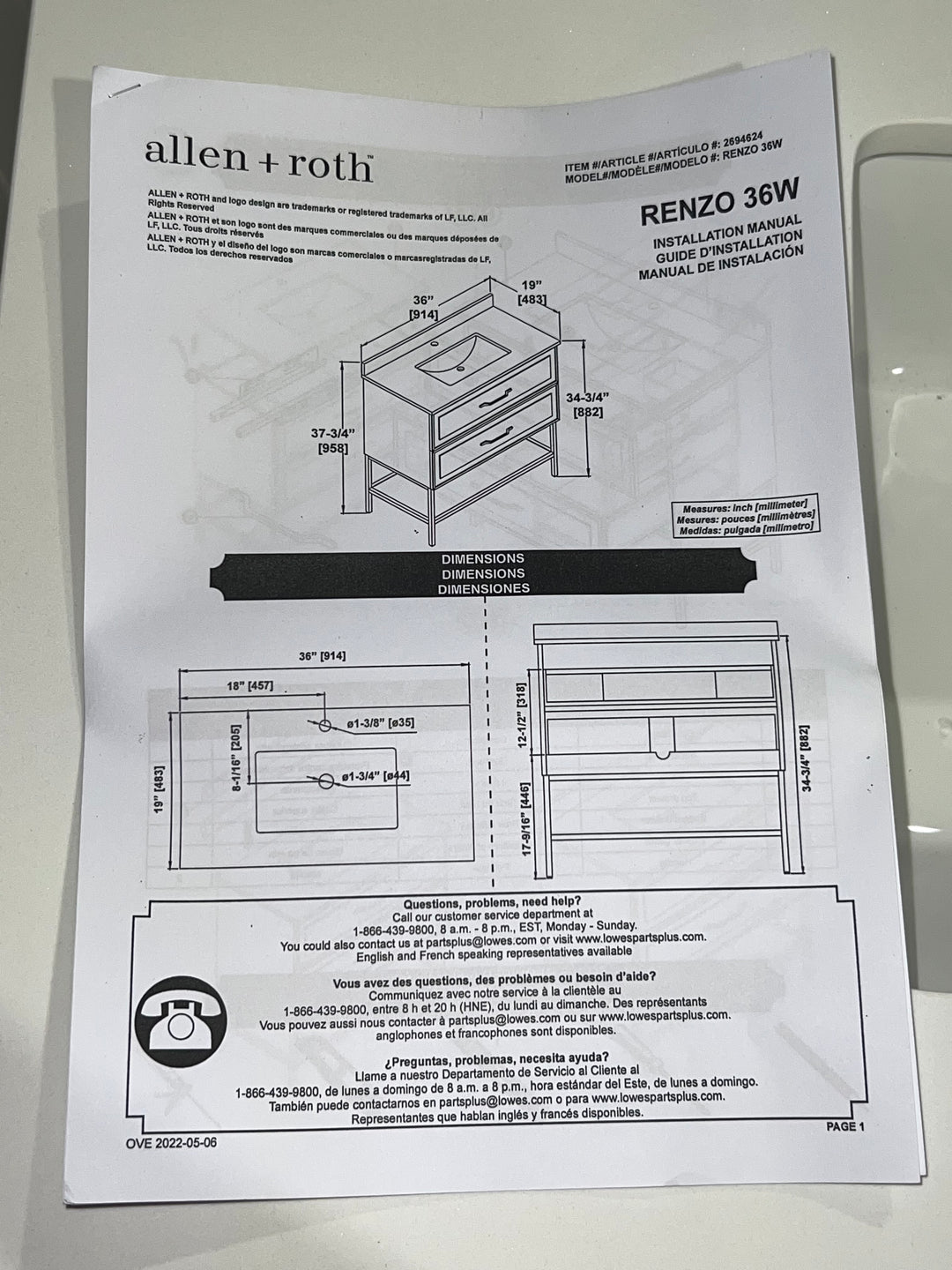 allen + roth Renzo 36-in White Undermount Single Sink Bathroom Vanity with White Top (DAMAGED) (DONT LIST) (MP ONLY)