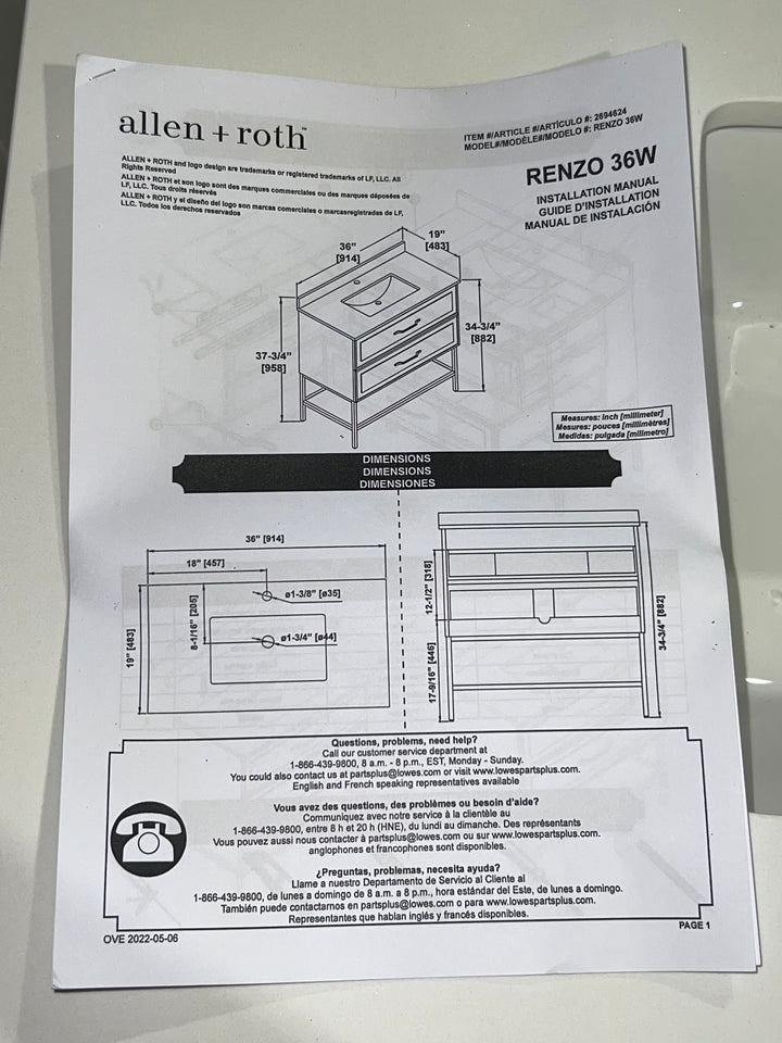 allen + roth Renzo 36-in White Undermount Single Sink Bathroom Vanity with White Top (DAMAGED) (DONT LIST) (MP ONLY)