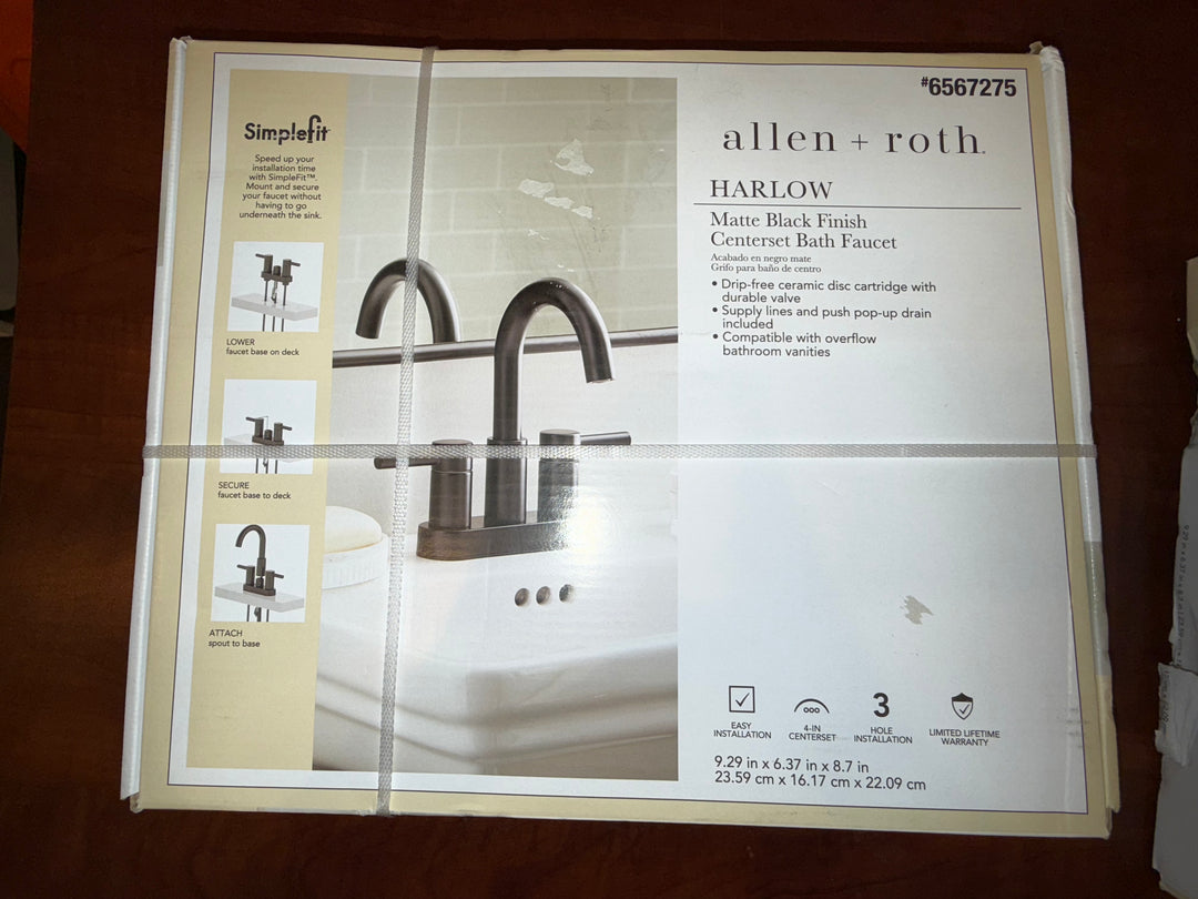 allen + roth Harlow Simplefit Matte Black 4-in centerset 2-handle WaterSense High-arc Bathroom Sink Faucet