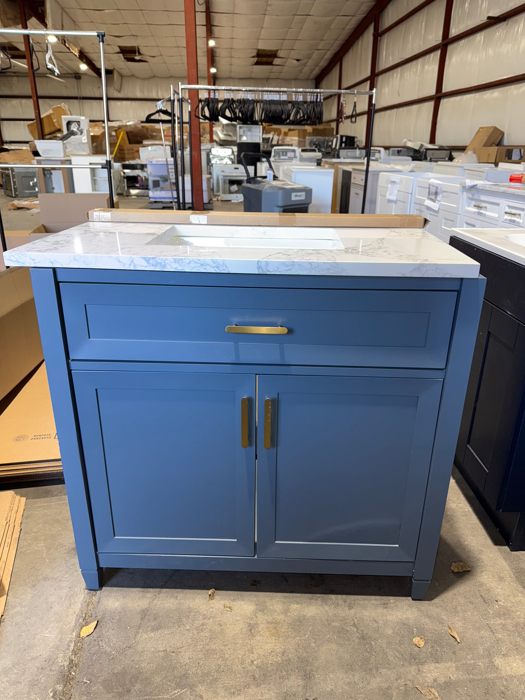 allen + roth Lancashire 30in Chambray Blue Single Sink Bathroom Vanity w White Stone Top (DAMAGE)