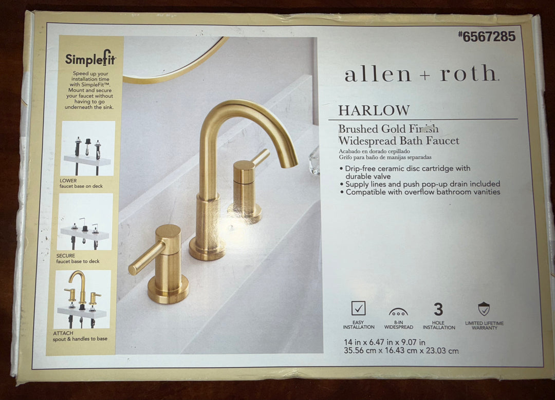 allen + roth Harlow Simplefit Brushed Gold Widespread 2-handle WaterSense High-arc Bathroom Sink Faucet with Drain NEW