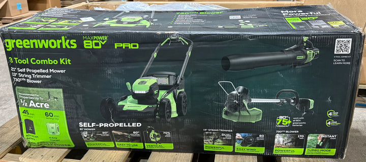 Greenworks 80V 21" Cordless Battery Brushless Self-Propelled Mower 3pc Combo Kit openbox