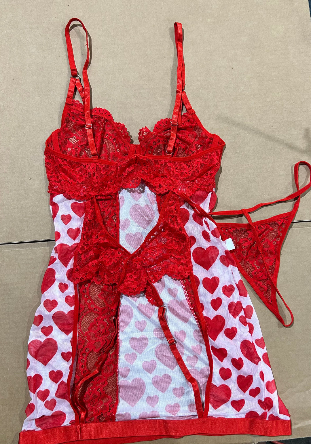 Red Heart Print Lace Babydoll Lingerie Set with Matching Thong, Size Medium (new)
