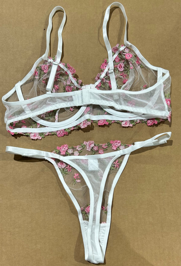 Sheer White Floral Embroidered Lingerie Set - Bra & Thong, Size L (new)