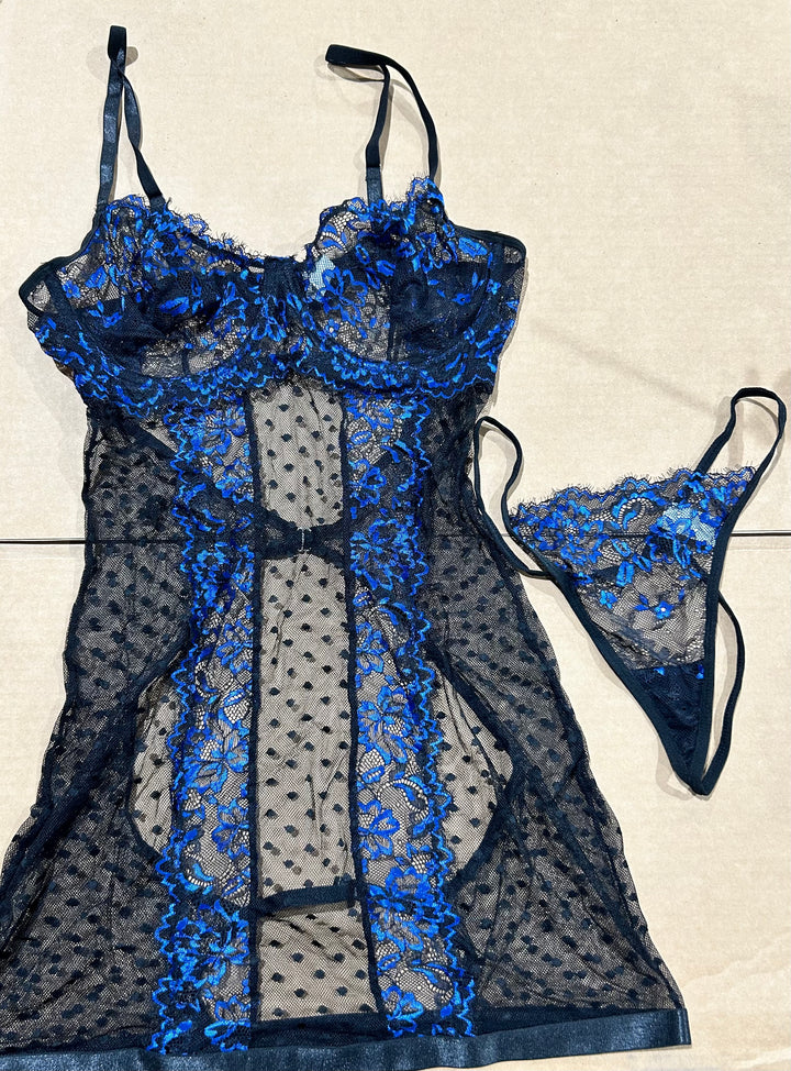 Black and Blue Sheer Lace Babydoll Lingerie Set w/ Thong, Size XL (new)