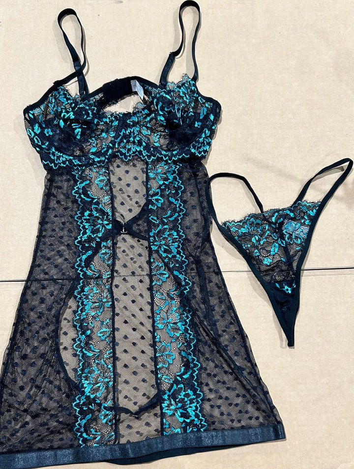 Black and Teal Sheer Lace Babydoll Lingerie Set w/ Thong, Size L (new)