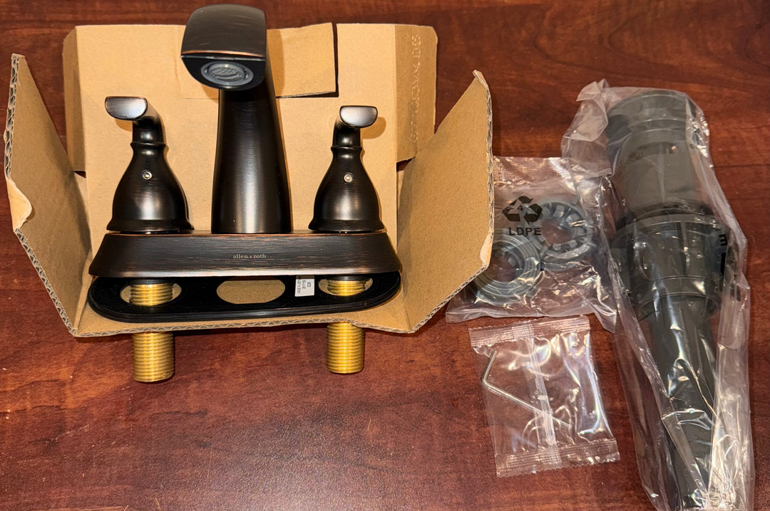 allen + roth Reagan Oil Rubbed Bronze 4-in centerset 2-handle WaterSense Mid-arc Bathroom Sink Faucet with Drain
