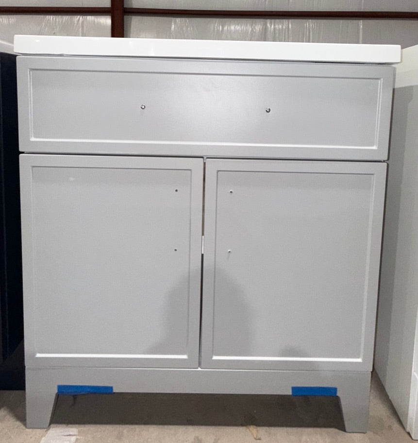 Tocador de baño Style Selections Davies de 30 pulgadas con lavabo individual gris y cubierta de mármol cultivado blanco (espejo incluido) (caja abierta) 