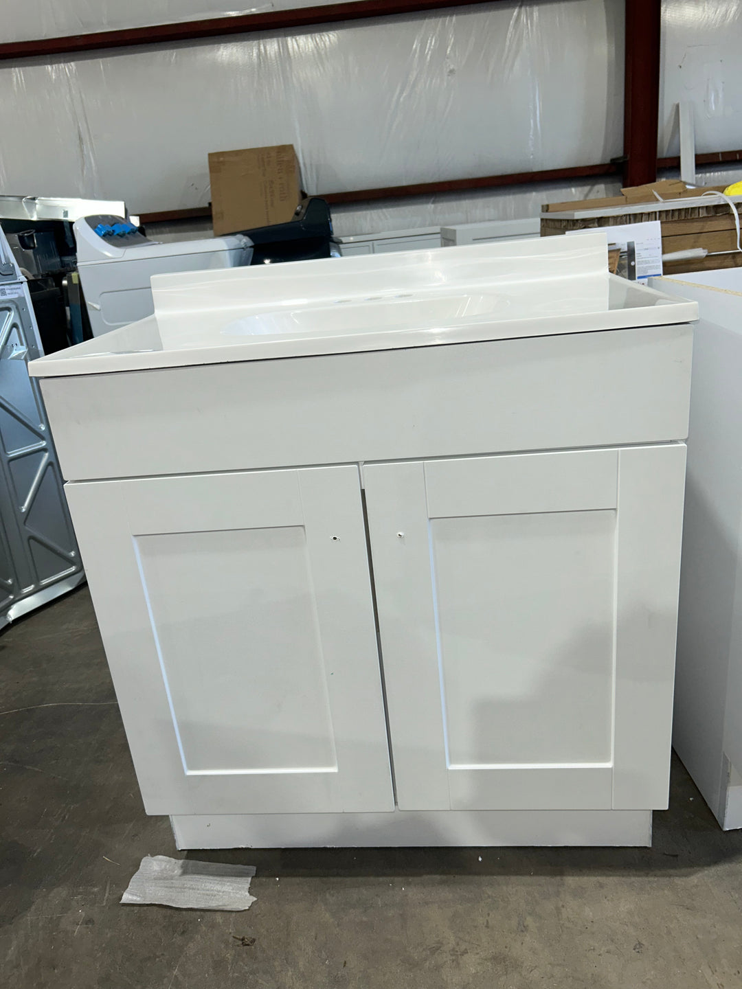 Project Source Dover 30-in True White Single sink Bathroom Vanity with White Cultured marble Top (damaged)