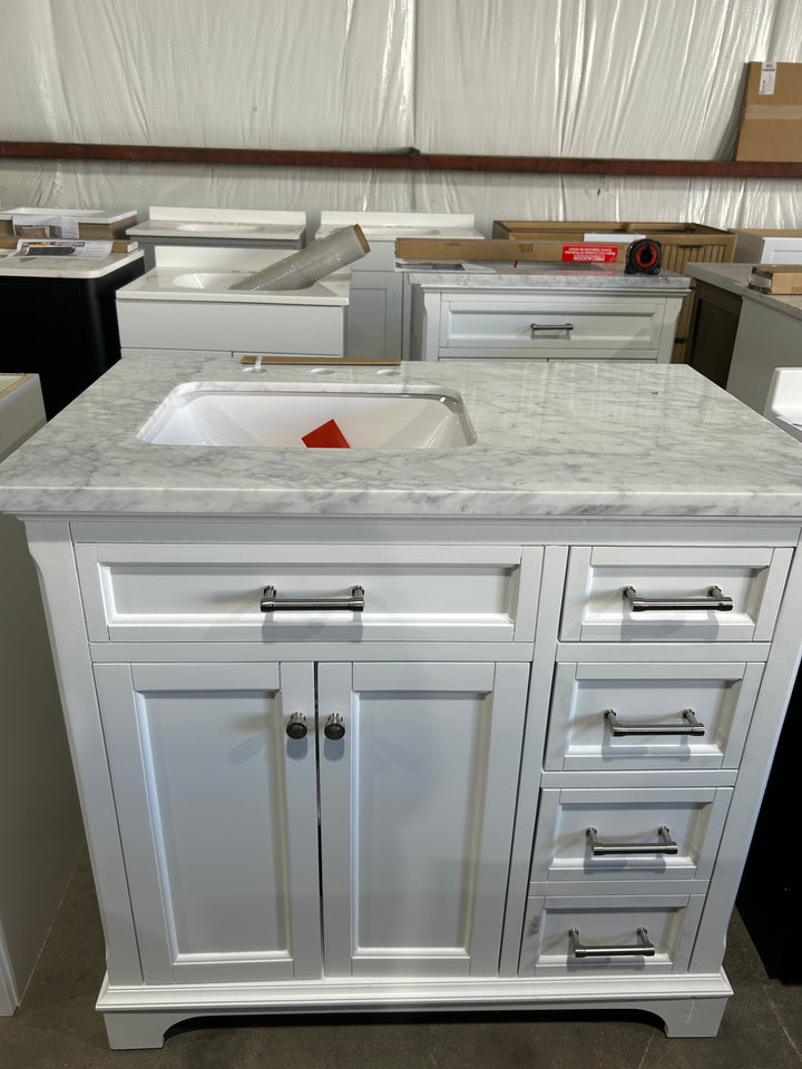 allen + roth Roveland 36-in Muse Gray Undermount Single Sink Bathroom Vanity with Natural Carrara Natural Marble Top (damaged)