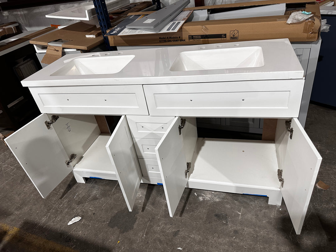 Style Selections Cauley 60-in True White Double Sink Bathroom Vanity with White Cultured Marble Top (DAMAGE)(DONT LIST)