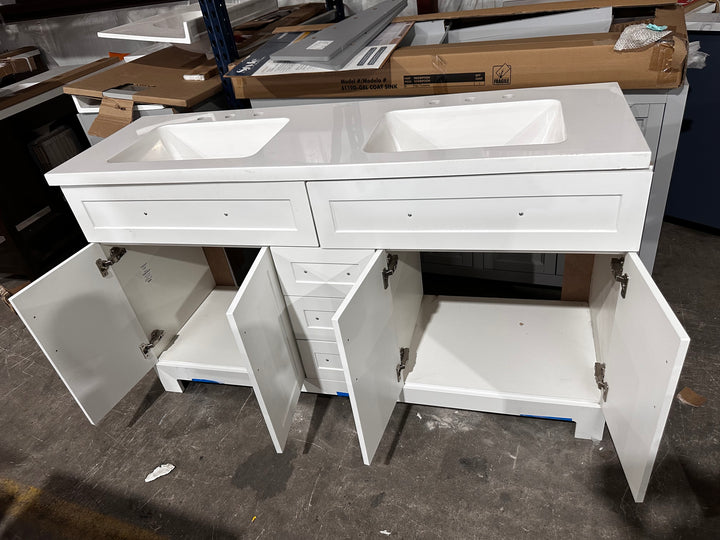 Style Selections Cauley 60-in True White Double Sink Bathroom Vanity with White Cultured Marble Top (DAMAGE)(DONT LIST)