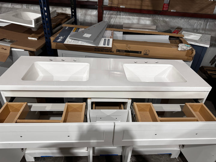 Style Selections Cauley 60-in True White Double Sink Bathroom Vanity with White Cultured Marble Top (DAMAGE)(DONT LIST)